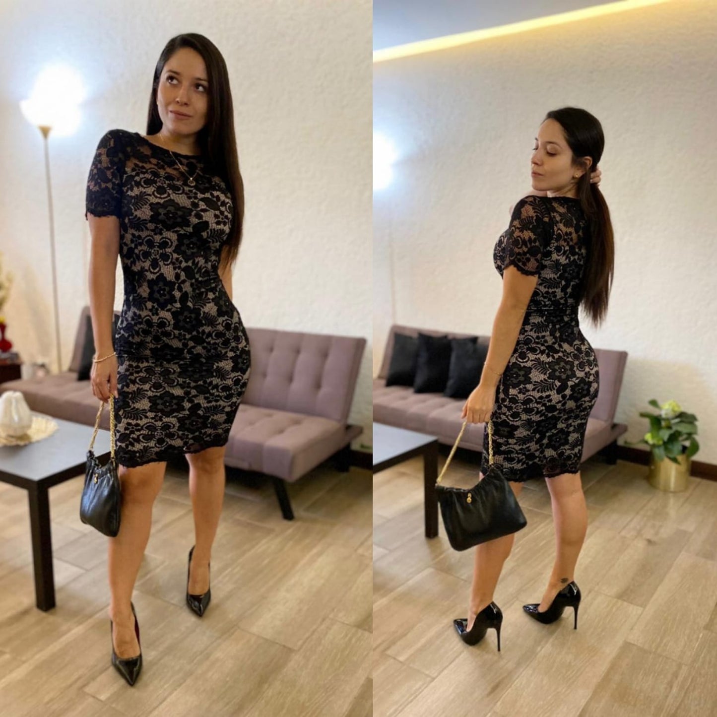 Vestido corto encaje sin escote manga corta