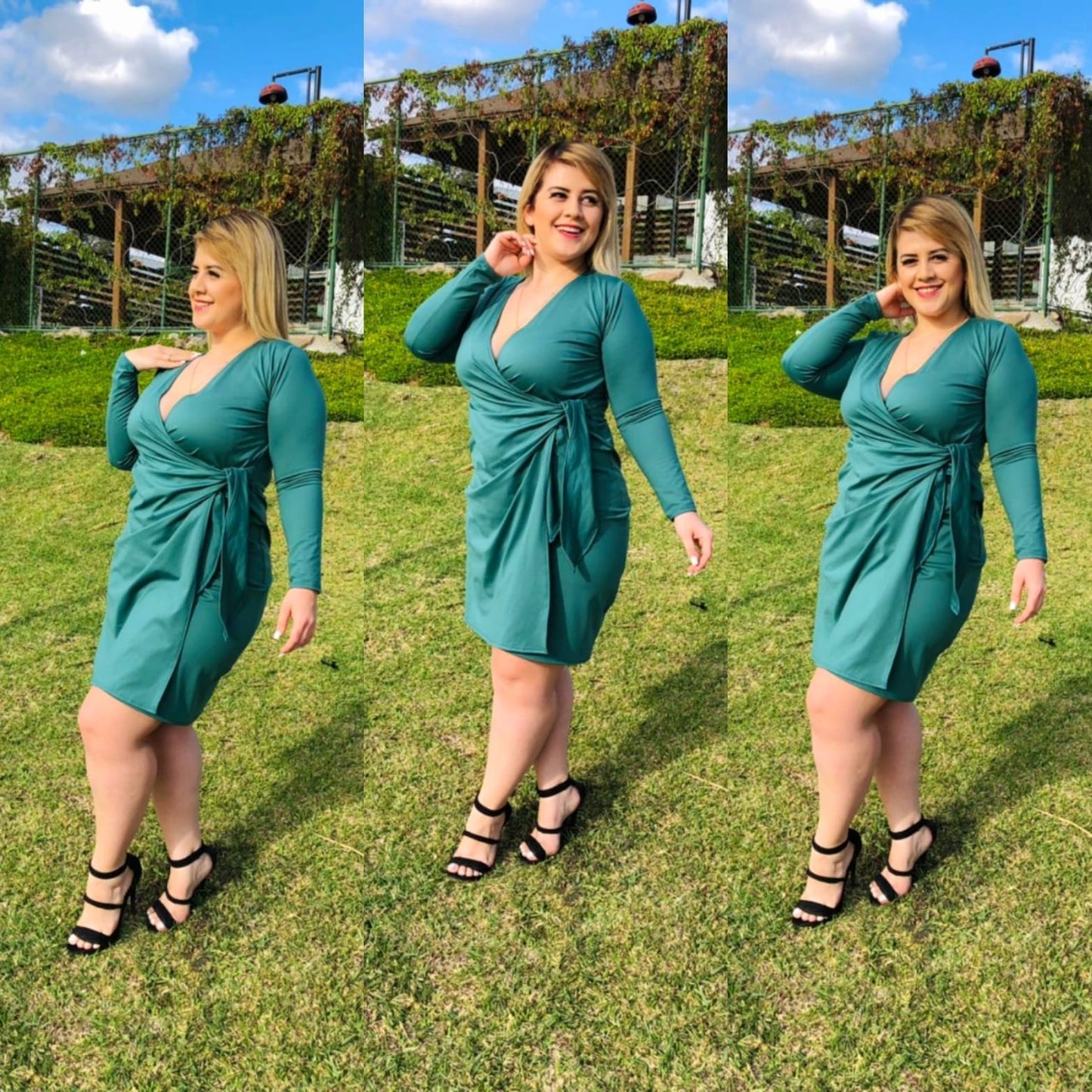 Vestido corto tipo A escote en V manga larga