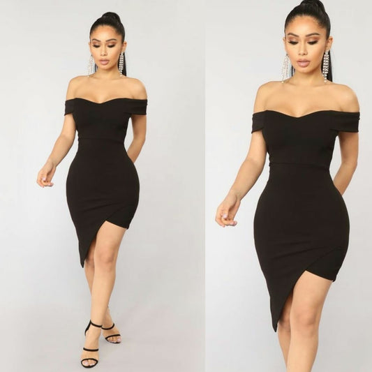 Vestido corto escote recto hombro caido
