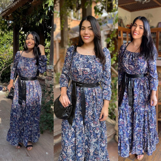 Vestido largo printÊ con mangas escote recto