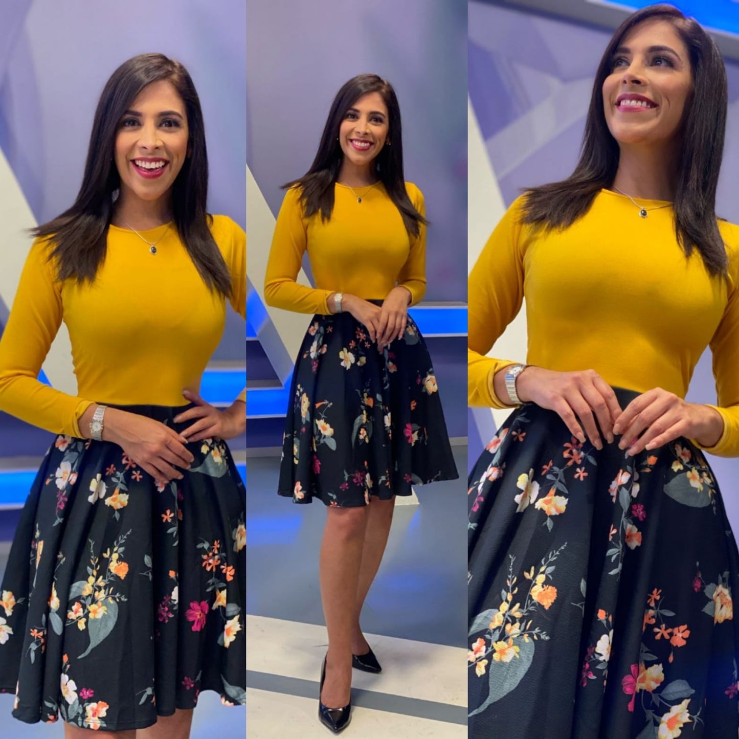 Vestido corto falda print con mangas